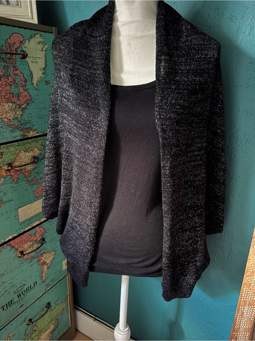 Open-Front Black Metallic Women's Cardigan Sweater